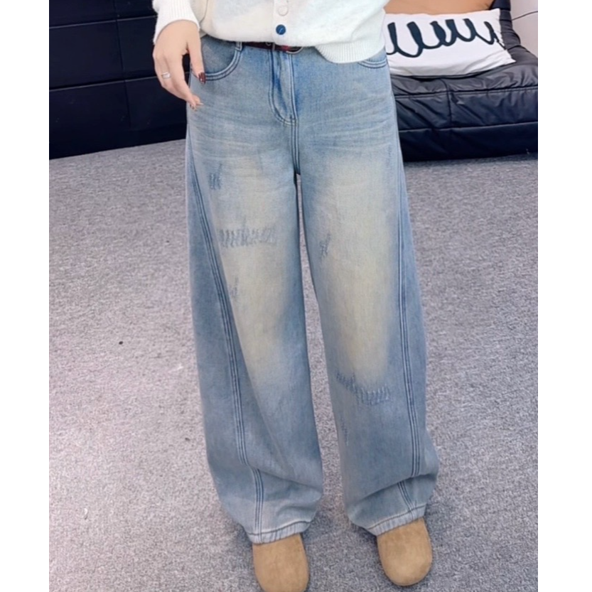 【唯美女装】特调脏脏色～复古洋气浅色系窄版弯刀直筒牛仔裤