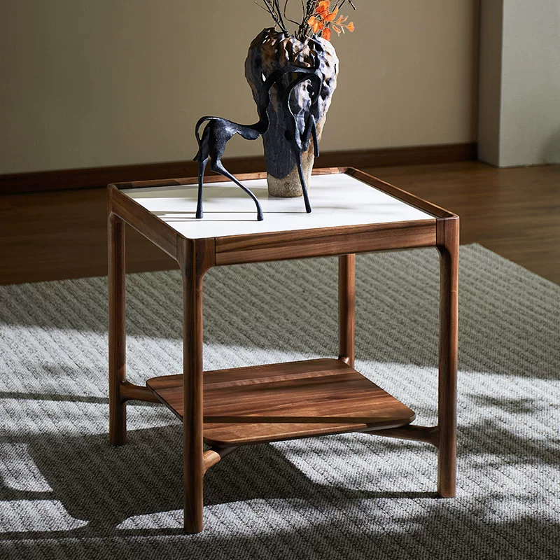 北美黑胡桃木岩板角几意式极简方形边桌家用客厅实木小边几