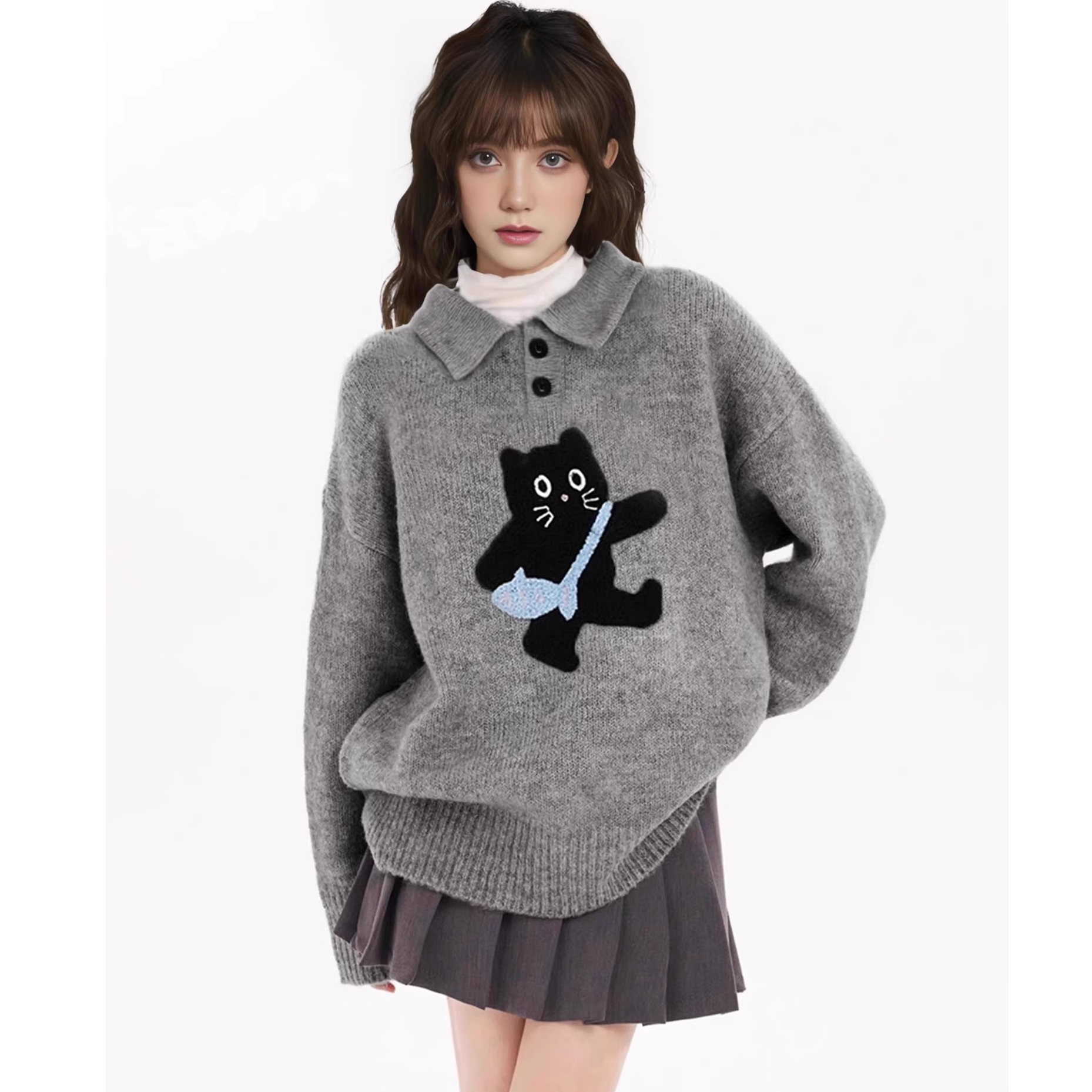 灰色POLO翻领猫咪套头内搭毛衣女秋冬季加厚宽松慵懒设计感针织衫
