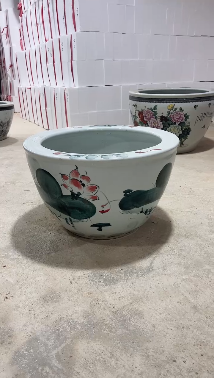 瓷片锦50直径平口水墨荷花缸