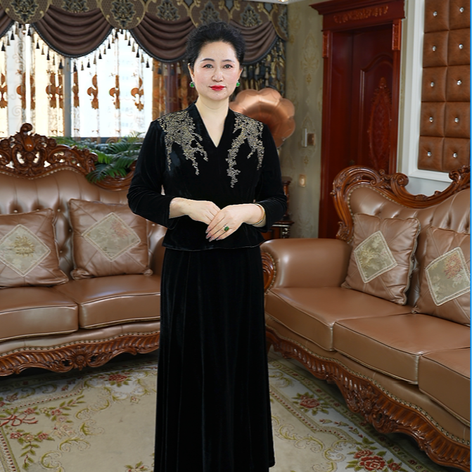 (59156)优雅风时尚套装长款连衣裙唐装秋冬礼服中国风中式