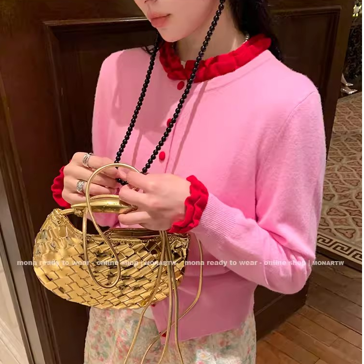 MONA   羊毛美丽诺 高级撞色荷叶边毛衣开衫上衣女秋冬季新款