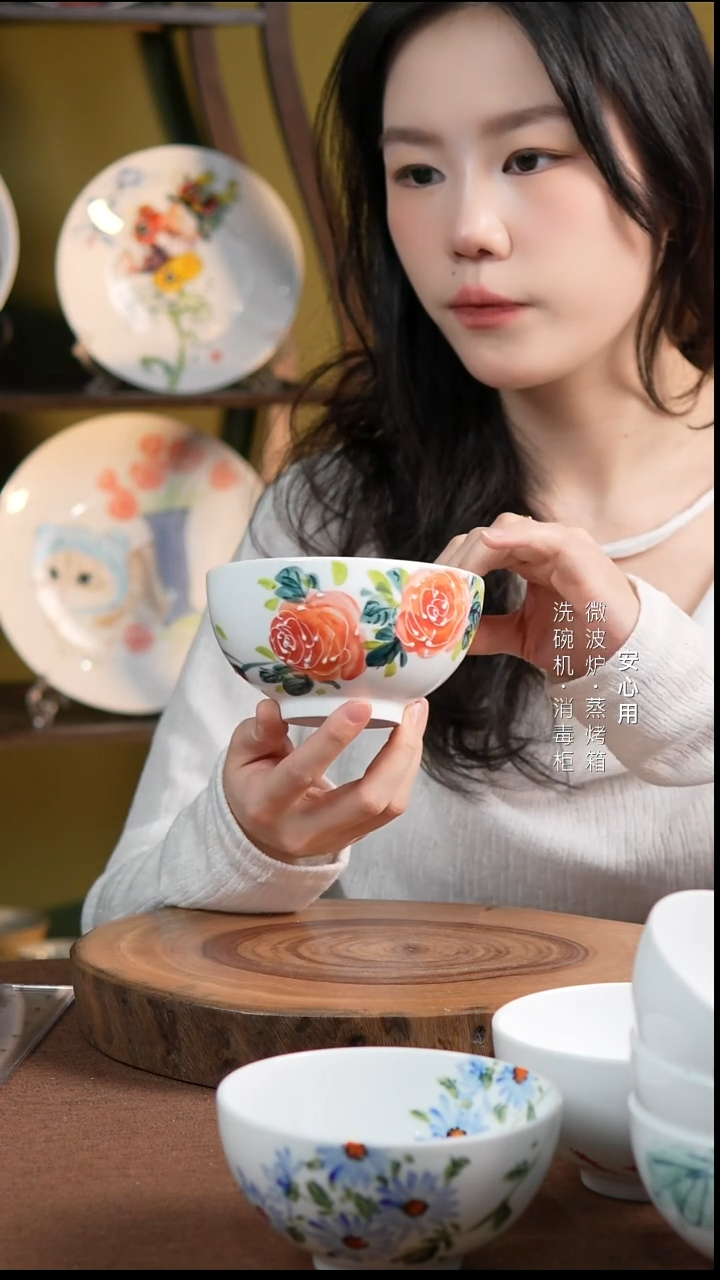 瓷景德镇高温手绘釉下彩5英寸奥碗粉玫瑰