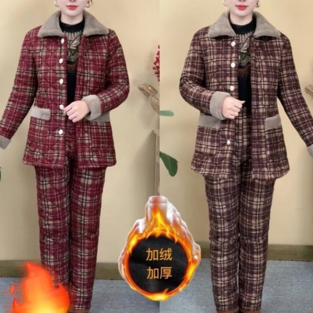 冬季新款加绒加厚翻领格子显瘦洋气时尚双口袋妈妈装中老年套装