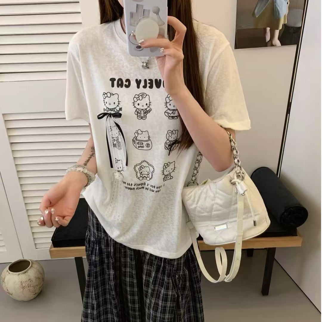 T2559 立体蝴蝶结kitty短袖 简笔九宫格T恤上衣女