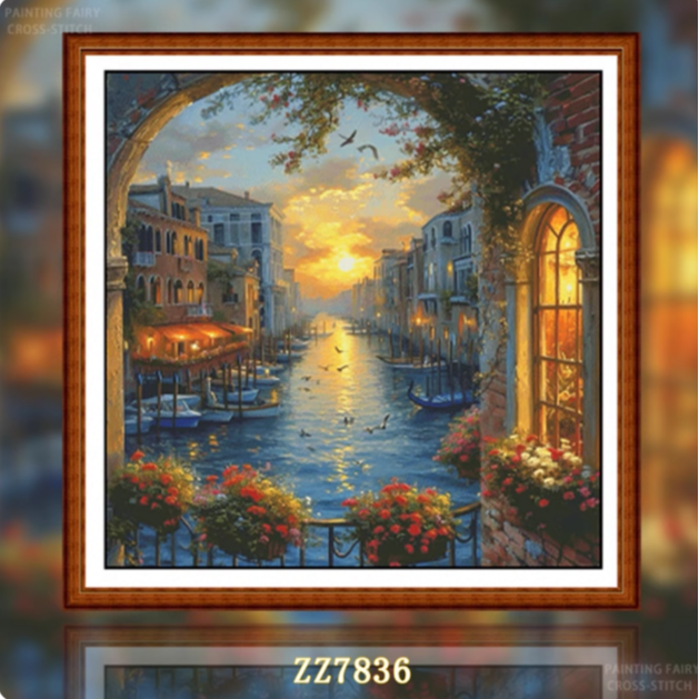 【ZZ7836-晚霞威尼斯】十字绣2025新款线绣客厅卧室竖版玄关