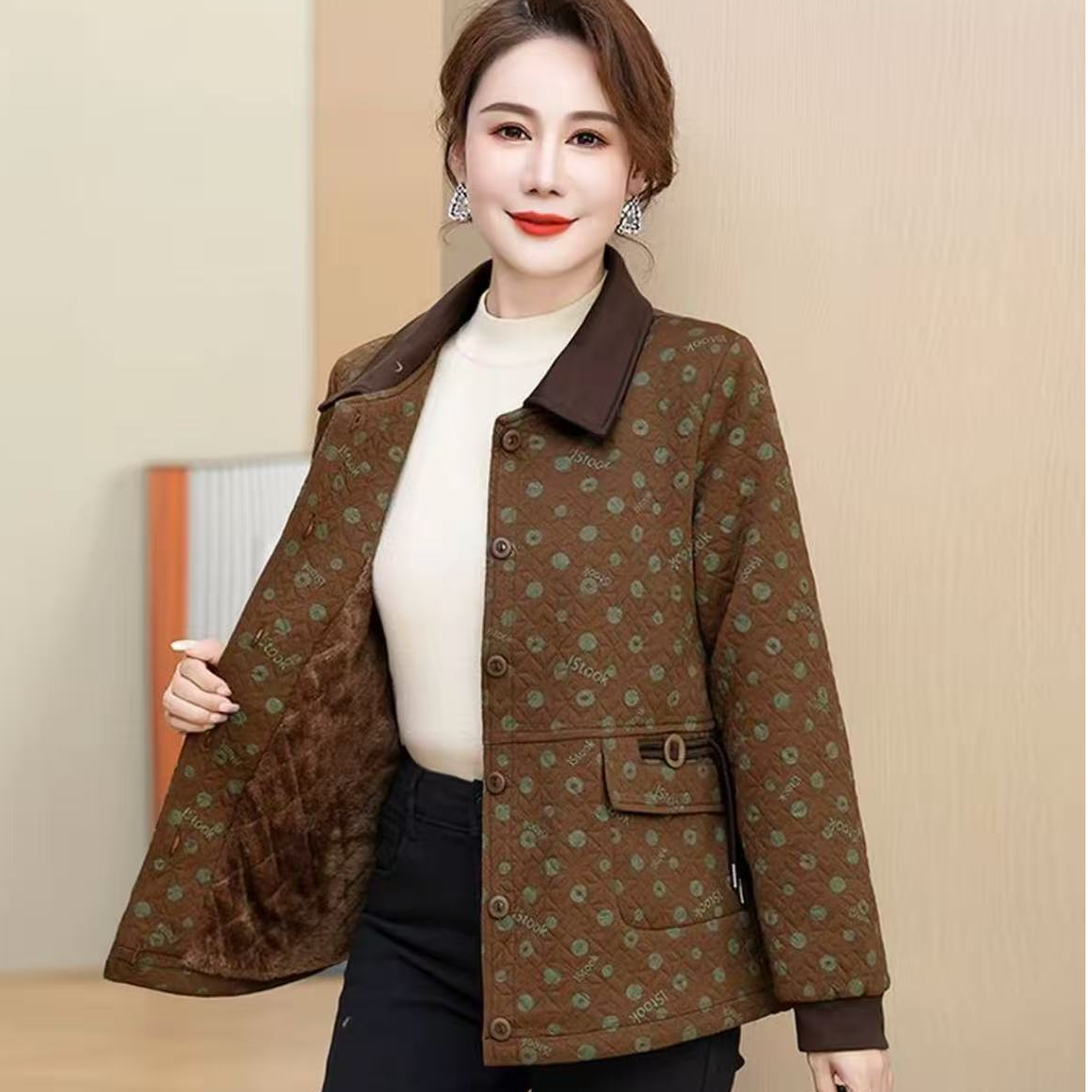 835-中老年女装加绒棉外套印花保暖时尚外套