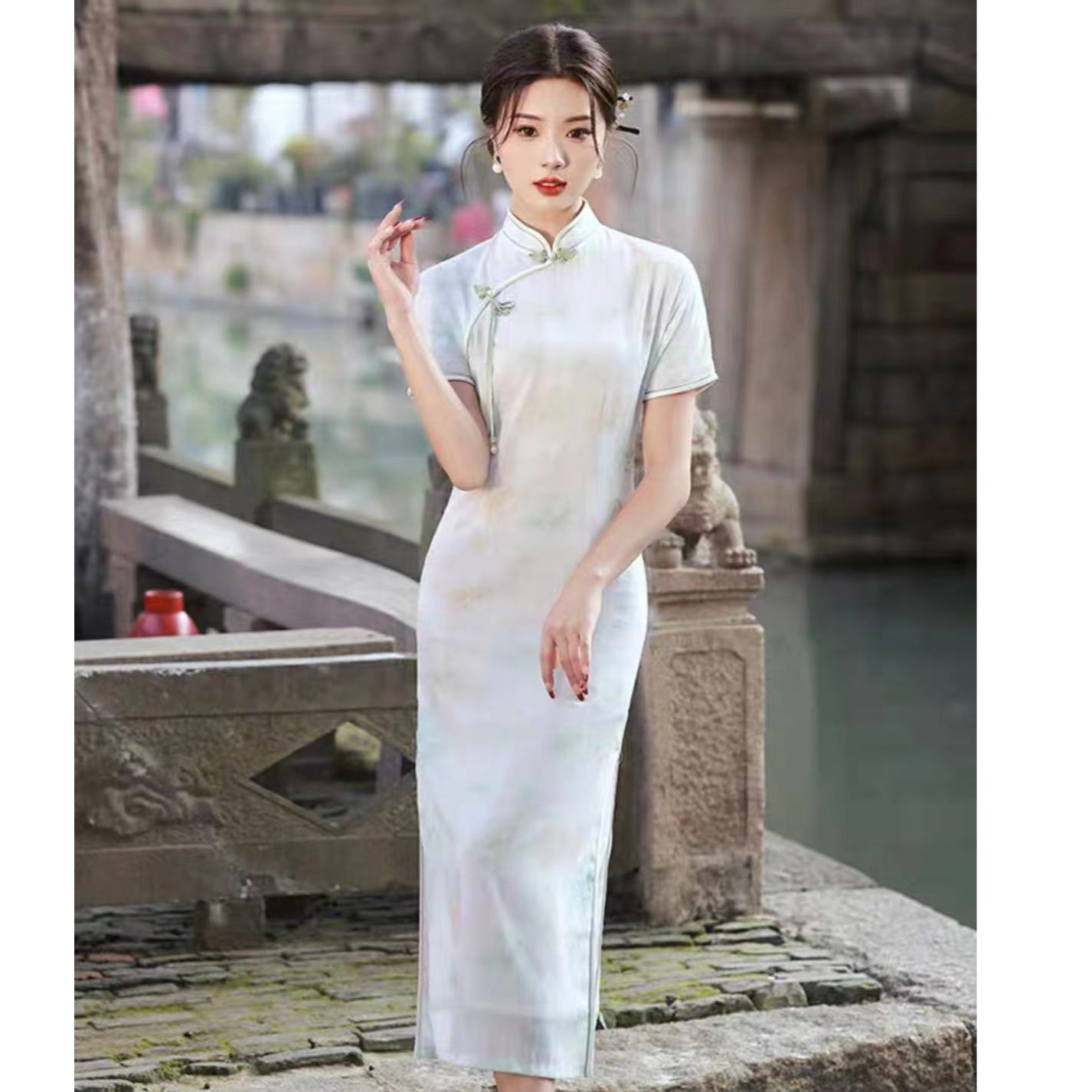 290-浅绿 流苏扣 素雅 旗袍