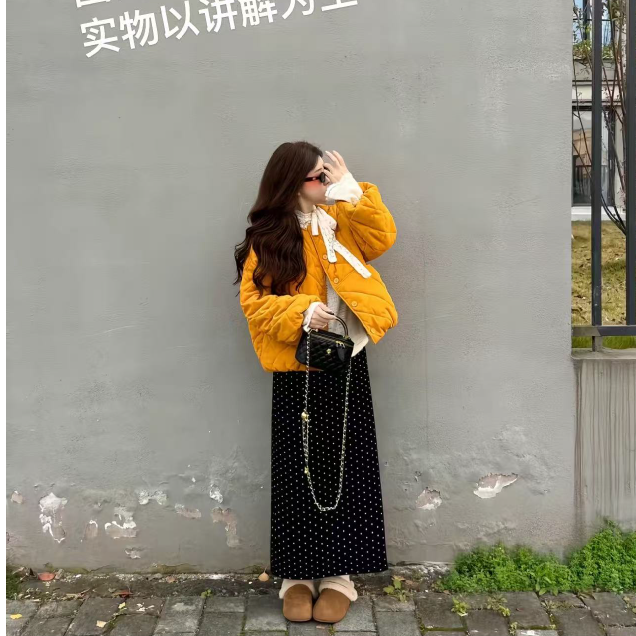 棉服女款2025新款冬季宽松加厚保暖棉衣打底波点半身裙三件套套装