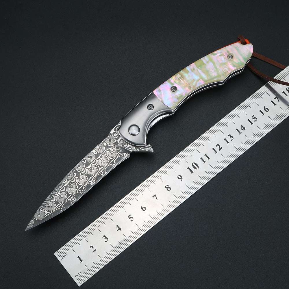 折叠水果刀铜钱纹大马士革钢小刀深海彩贝高硬度锋利限量收藏