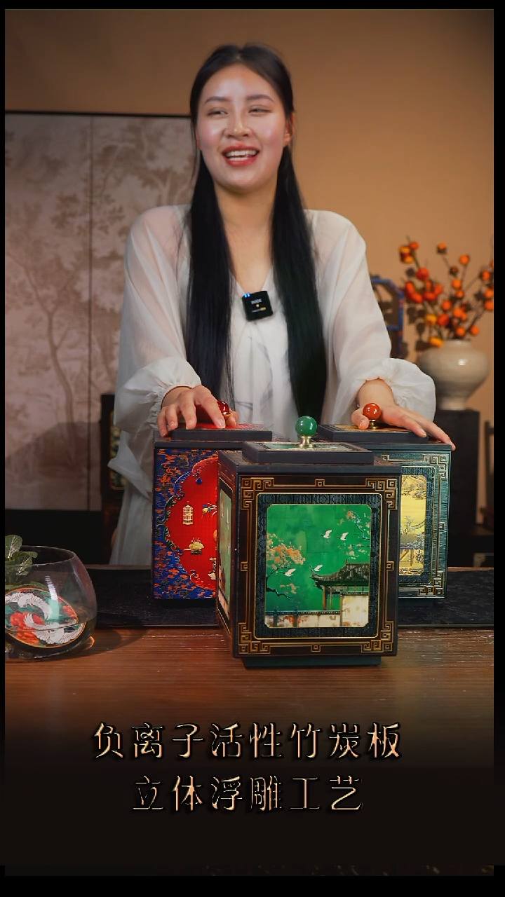 风**竹壹藏贰宝瑞鹤图图案18公分茶叶罐