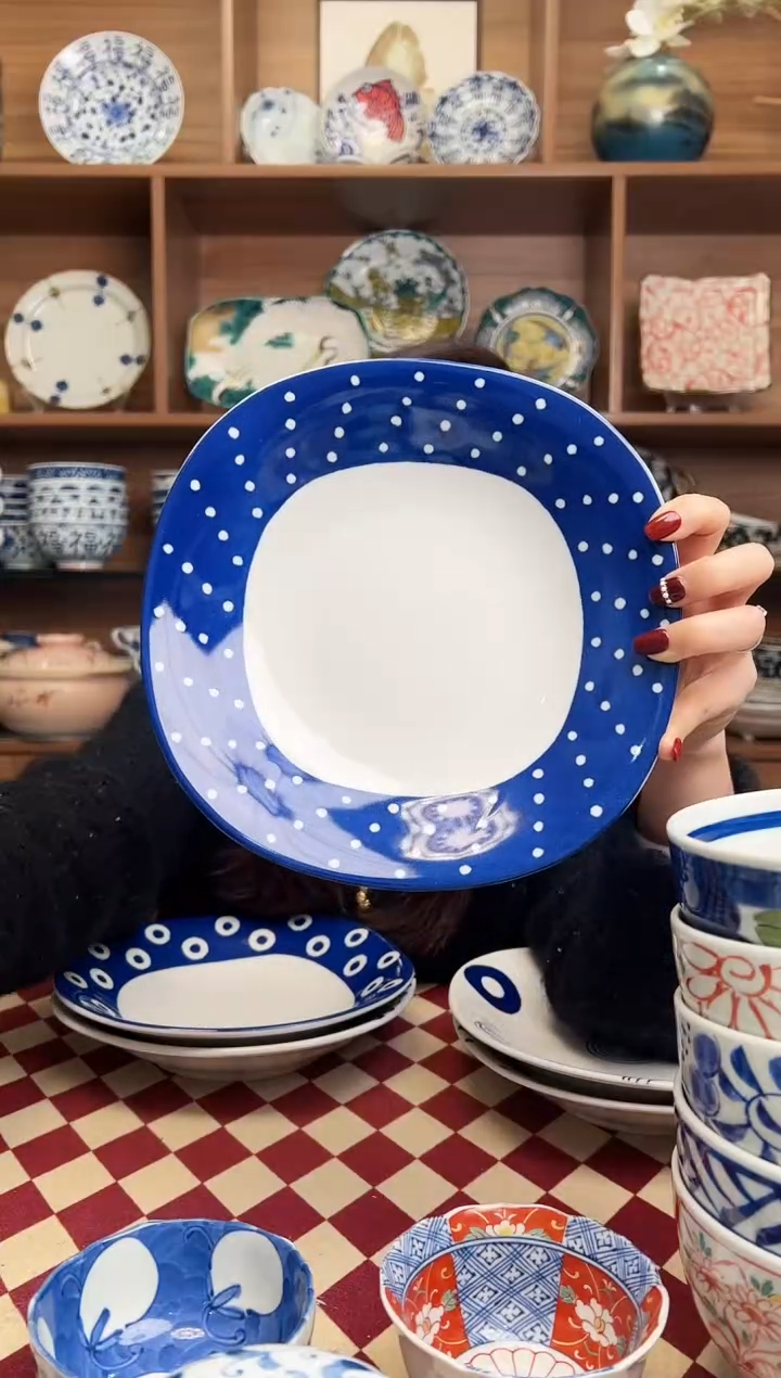 【闪购商品】瓷片Indigo 蓝底白点圆角盘