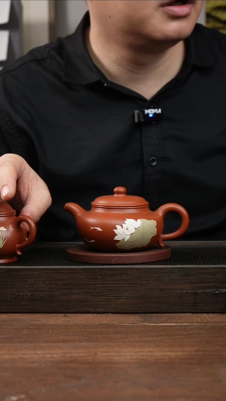 茶杯紫砂福**新全手朱泥仿古    堆绘莲花    