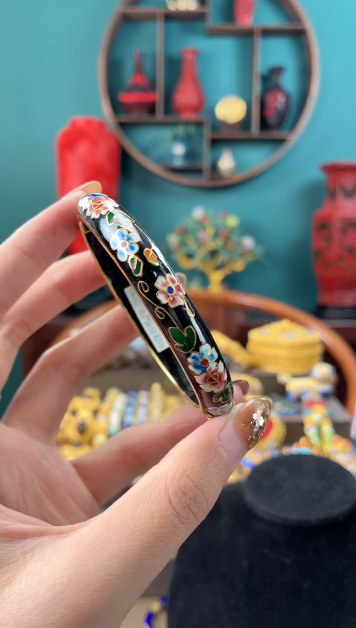 非遗手工景泰蓝开口碎花镯子黑色