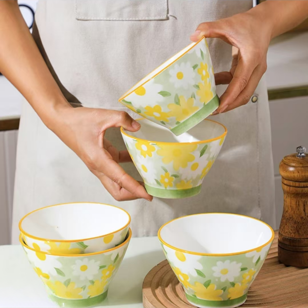 清新小雏菊5英寸斗笠碗面碗高颜值网红碗盘餐具8个装釉下彩饭碗