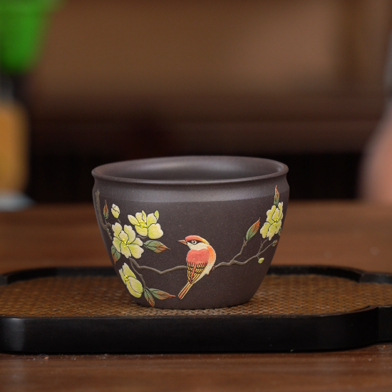 5102宜兴紫砂茶具深水潭老天青泥料堆绘小黄鸟主人杯YST180c茶杯