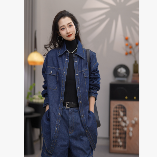 AMASS/阿玛施5300971新款时尚复古印花百搭休闲牛仔衬衫宽松衬衣