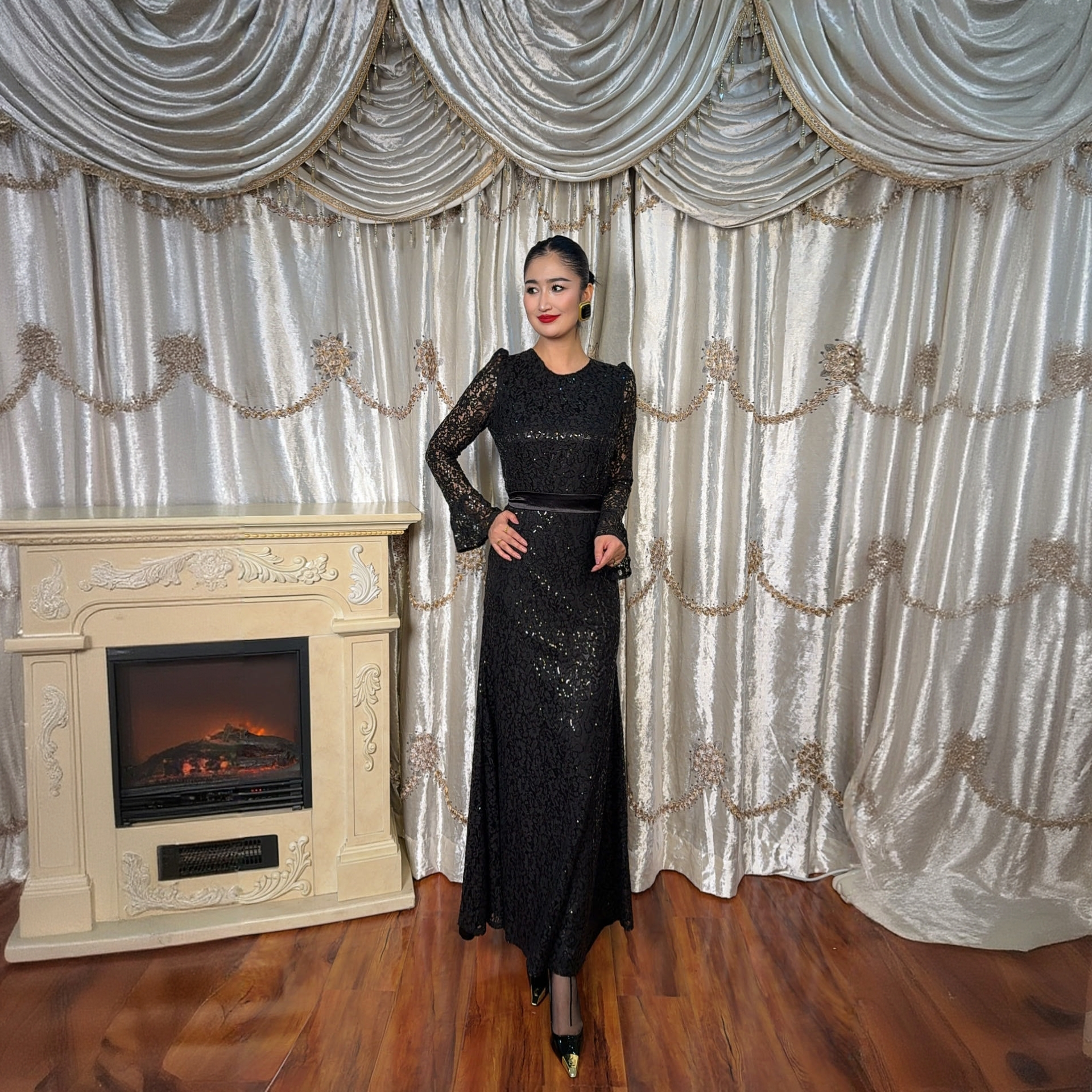 聚会中腰长裙长袖鱼尾裙常规礼服设计师黑色吊带名媛