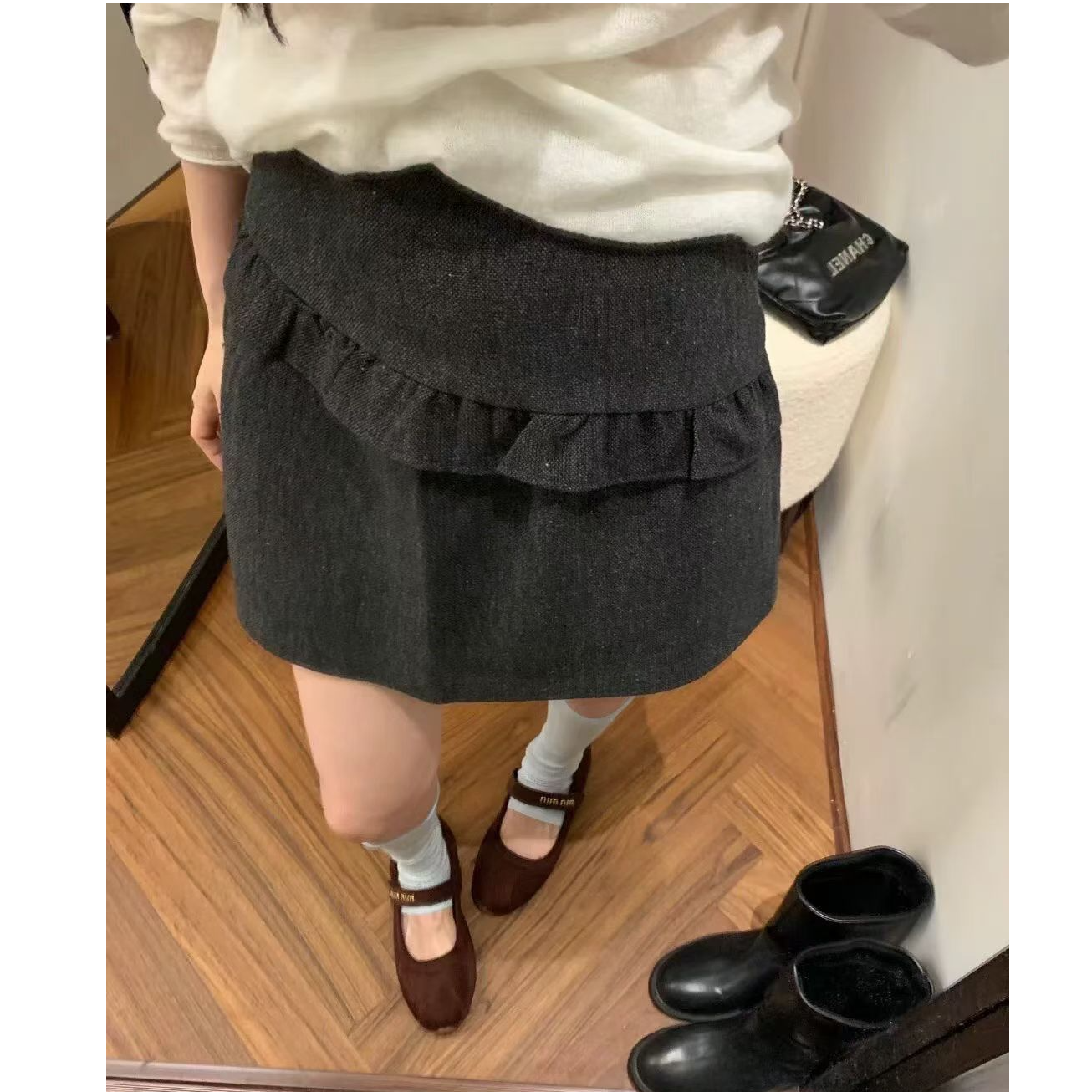 【蔓蔓家】拼接木耳边半身裙女2025秋季新款韩版显瘦百搭A字短裙