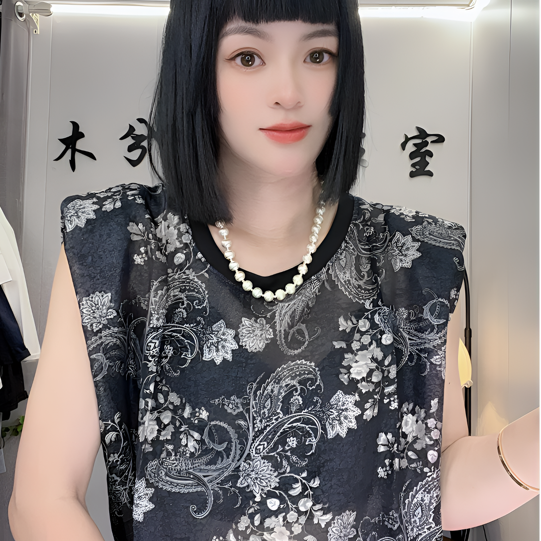 《木兮木》圆领无袖印花上衣2025夏短袖T恤宽松显瘦小衫网红爆款