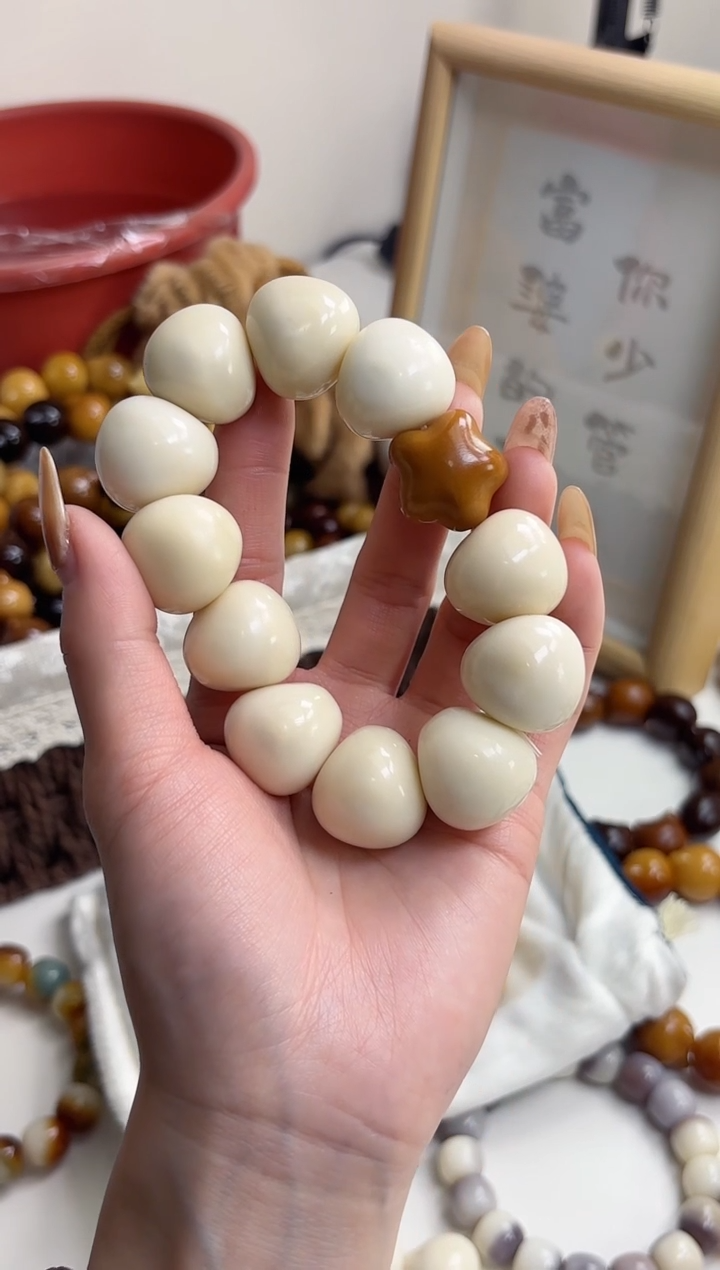 手串菩提根/象牙果象牙果瓷白蒜瓣+风化星21mm手串瑕疵不补