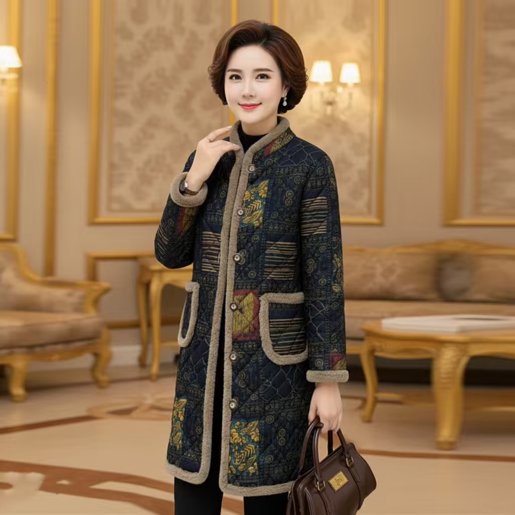 气质加绒加厚棉袄外套中老年妈妈冬装保暖时尚中长款棉服冬季