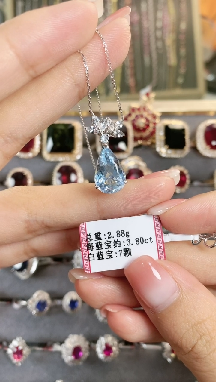 海蓝宝石颈饰银S925镶嵌·