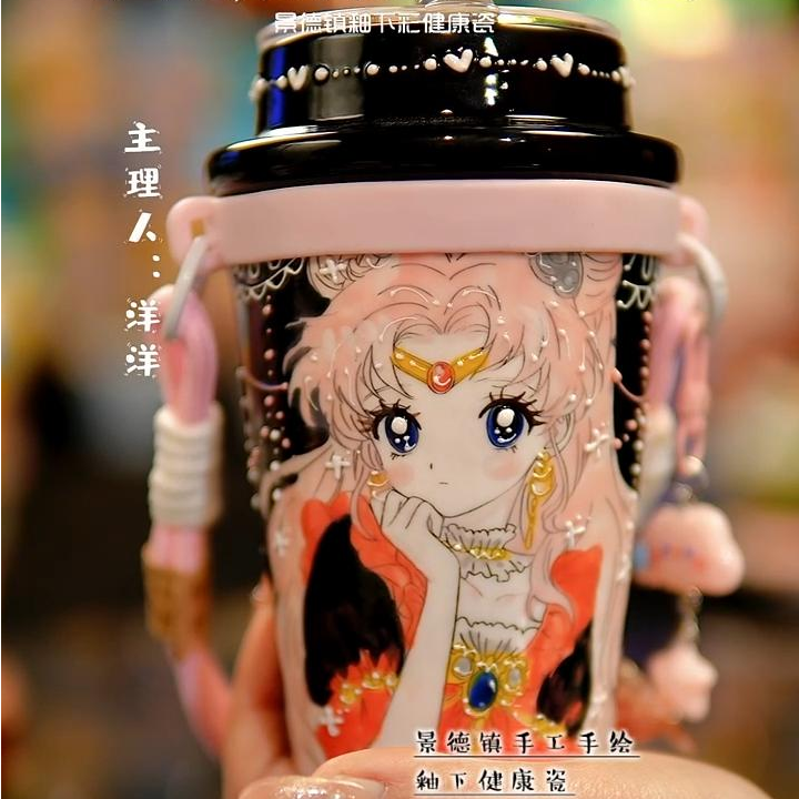 景德镇手绘釉下彩黑底粉头发美少女320ml文创陶瓷