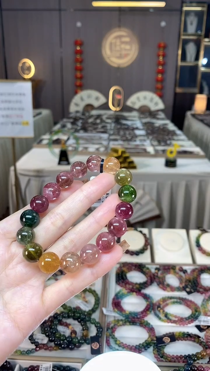 未镶嵌老矿碧玺色标彩虹单圈手串12mm+碧玺dan多样性发货一条