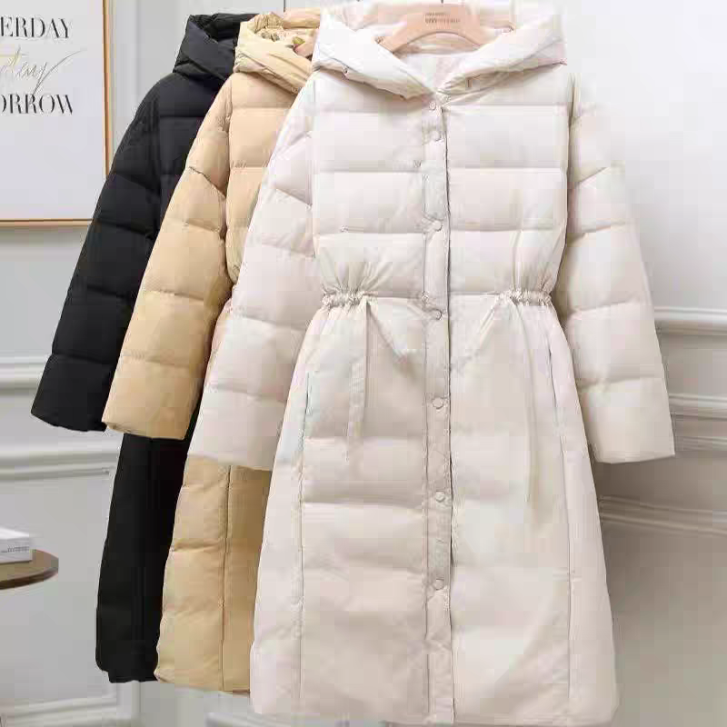 韩版连帽收腰白鸭绒女冬季新款加厚保暖中长款时尚显瘦外套