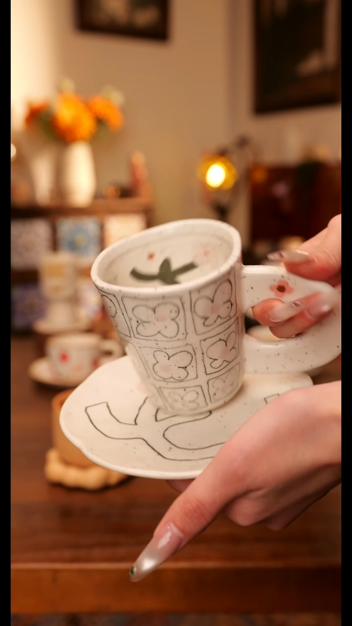 陶瓷便携款粗陶小花花杯碟