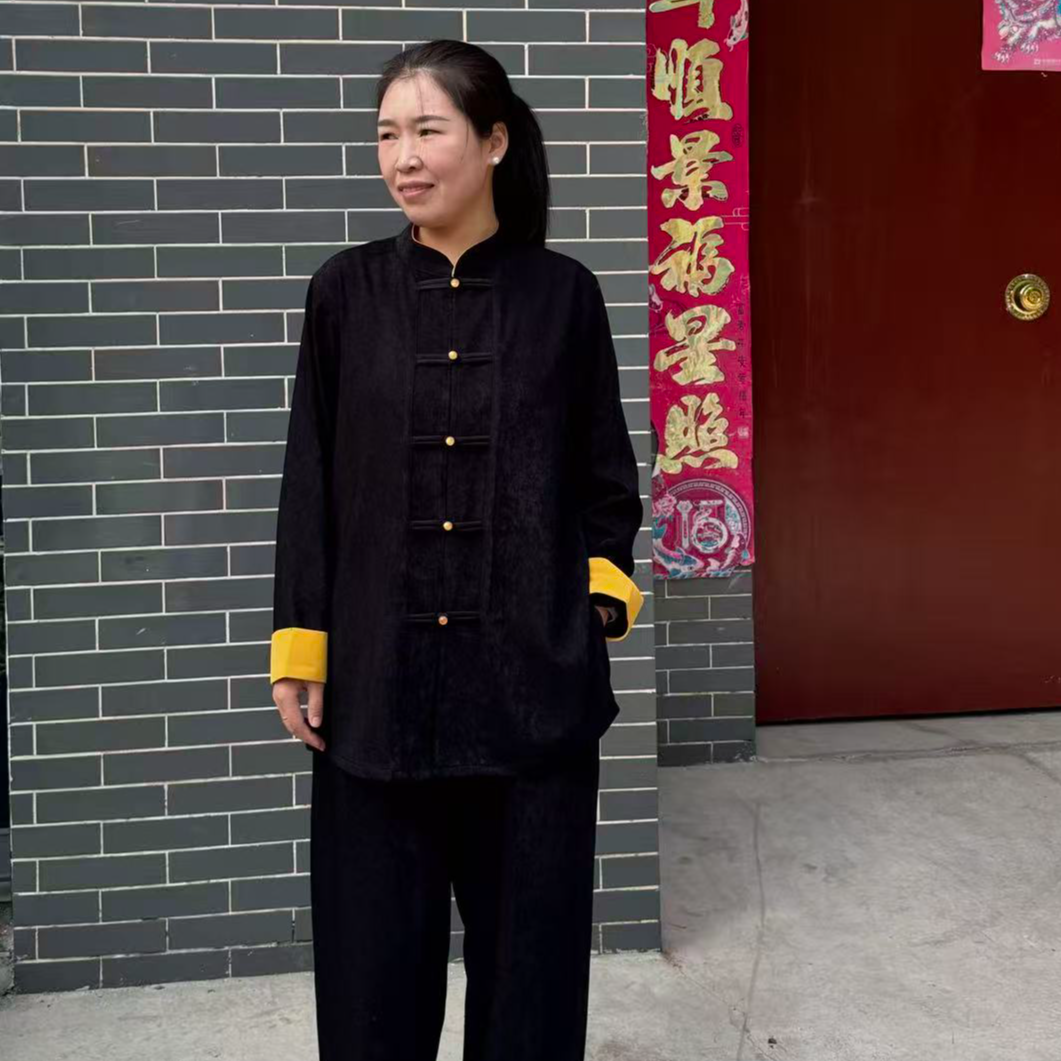 太极服秋冬季对襟厚款长袖宽松晨练唐装中国风黑色冰花绒