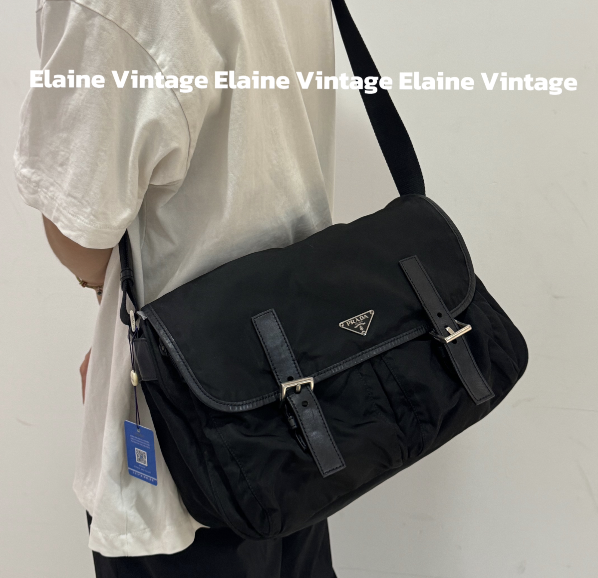 95新 Prada/普拉达 黑银降落伞拼皮大号邮差包(35cm)/Y540