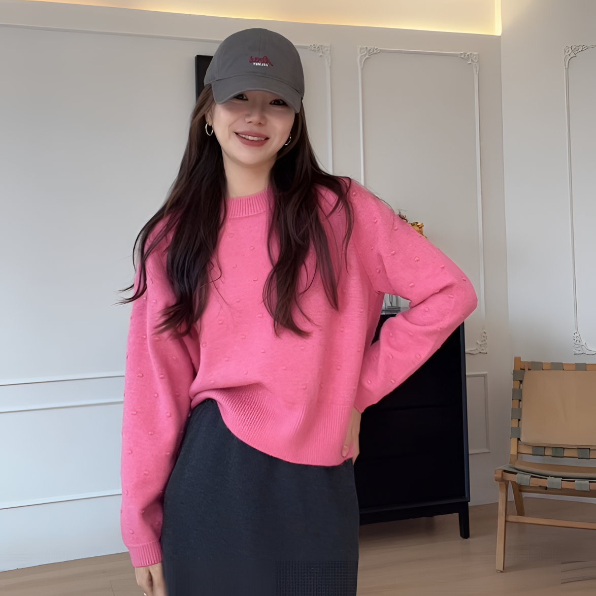 【余欢欢】秋季简约韩系圆领套头点点针织衫毛衣-YHW50896