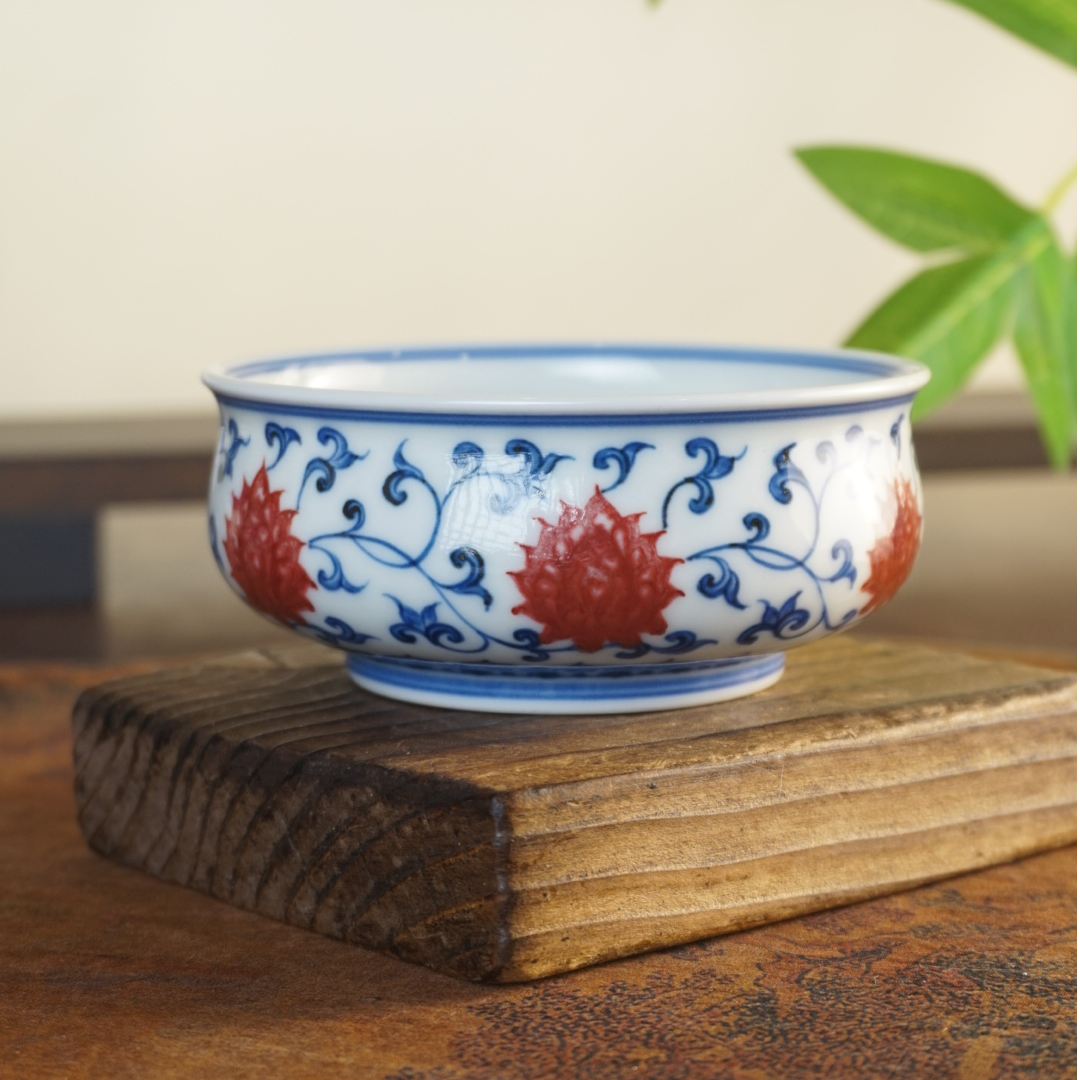 望月御品手绘青花缠枝莲原矿釉里红纯手工矮炉式杯中国风主人杯