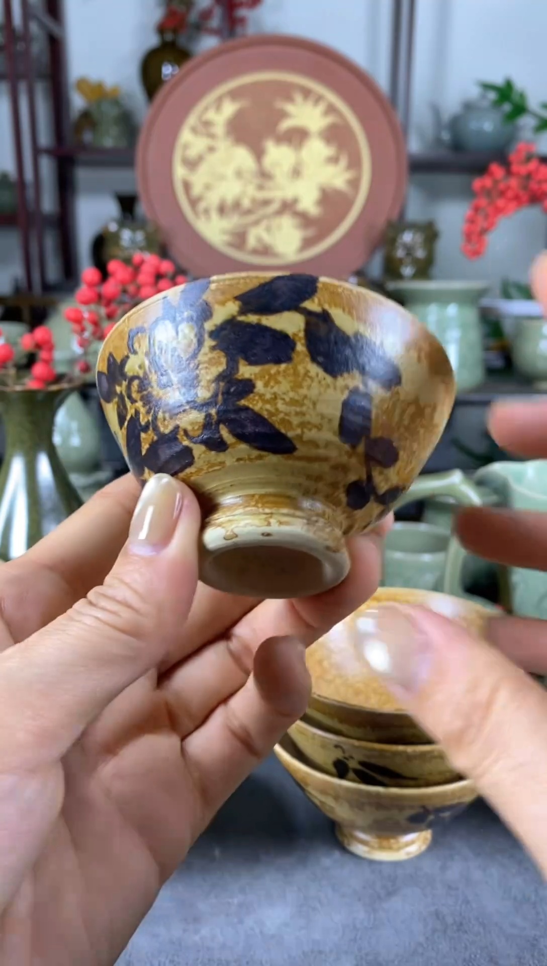 省工 许老师全手工 柴灰釉【高足 斗笠盏】 一个 纹饰混发