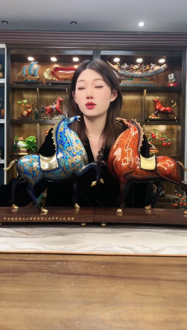 【闪购商品】大漆 中号大漆黄铜唐马摆件 一对