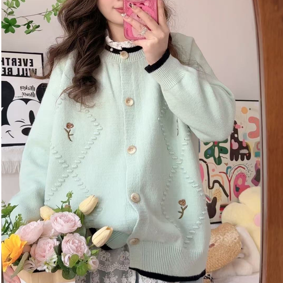 【圆圆推荐】大码针织衫长袖上衣女2025春季新款薄荷绿开衫刺绣毛衣