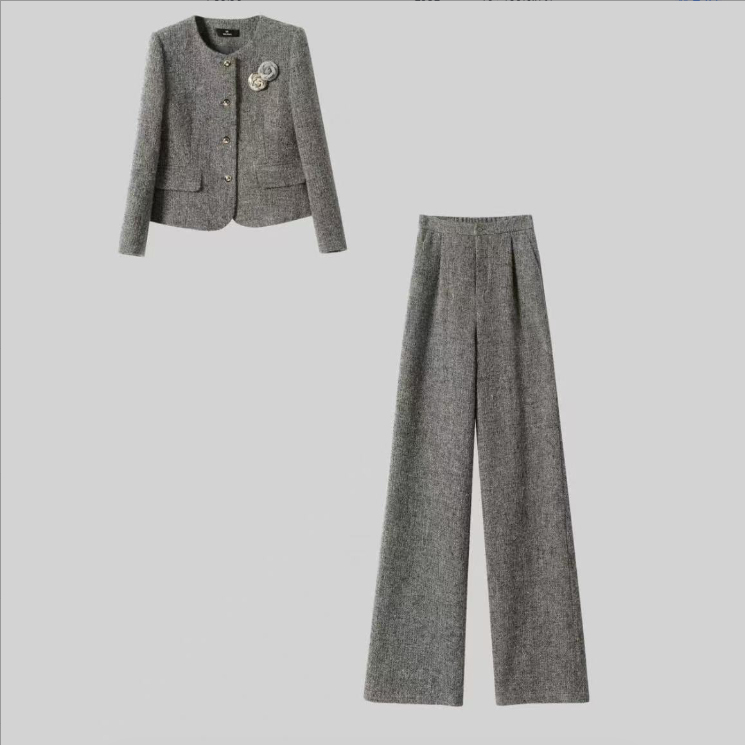 【纪朵研】Y032加厚款小香风时尚套装女装高腰复古套装秋冬阔腿裤女