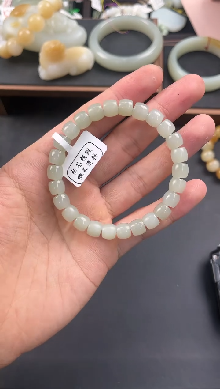 未镶嵌手串和田玉且末高青白直切手串卡9微色差 （裂）