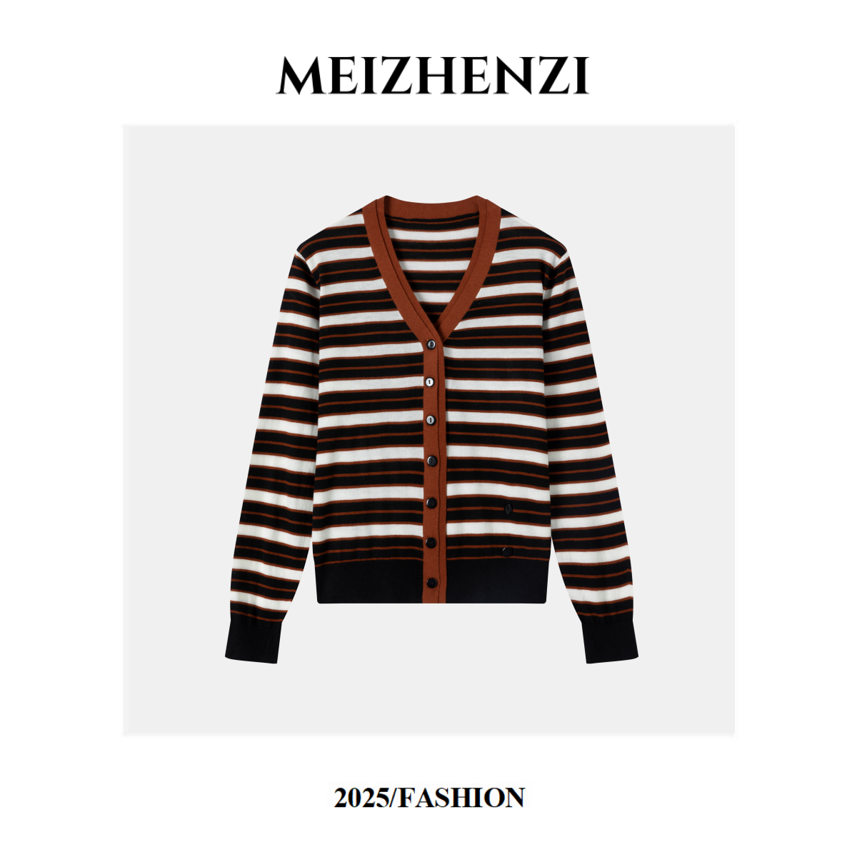 MEIZHENZI【超细绵羊毛】2025早秋新款条纹撞色长袖V领针织开衫女