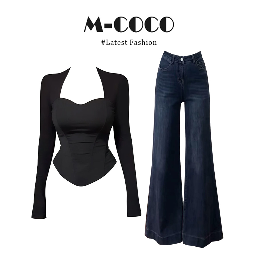 INS CEC黑色鱼骨坎肩长袖显瘦辣妹上衣高腰修身微喇牛仔裤套装