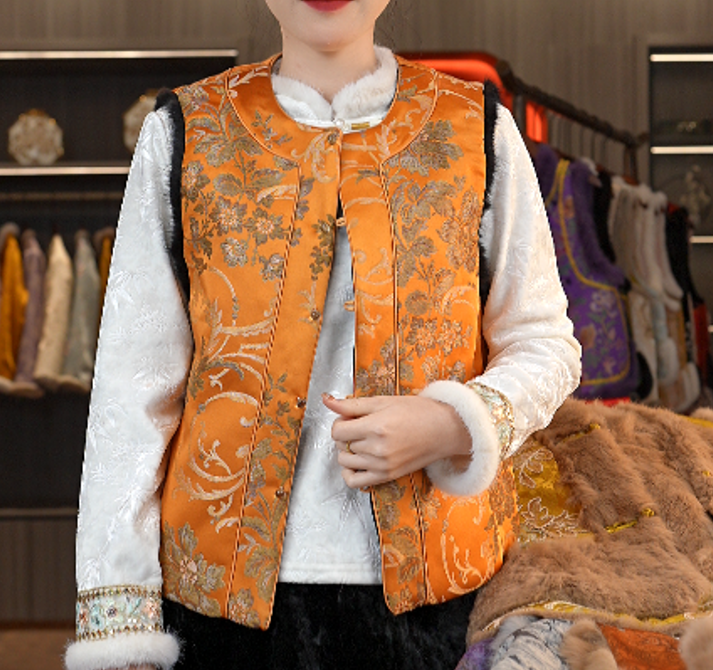 【锦舒】2025新款马甲女新中式宽松国风加棉加厚水貂毛毛提花马夹