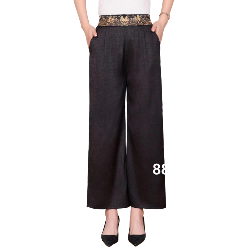 龟裂纹桑蚕丝夏季通勤松紧腰直筒裤黑色宽松长裤88309