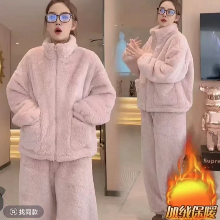 【高品质】情侣秋冬立领保暖宽松拉链家居服套装可外穿加绒加厚套装