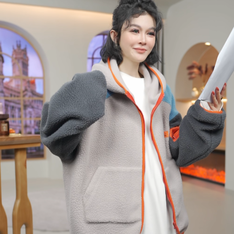 设计感拼接撞色摇粒绒减龄连帽长袖外套M9123