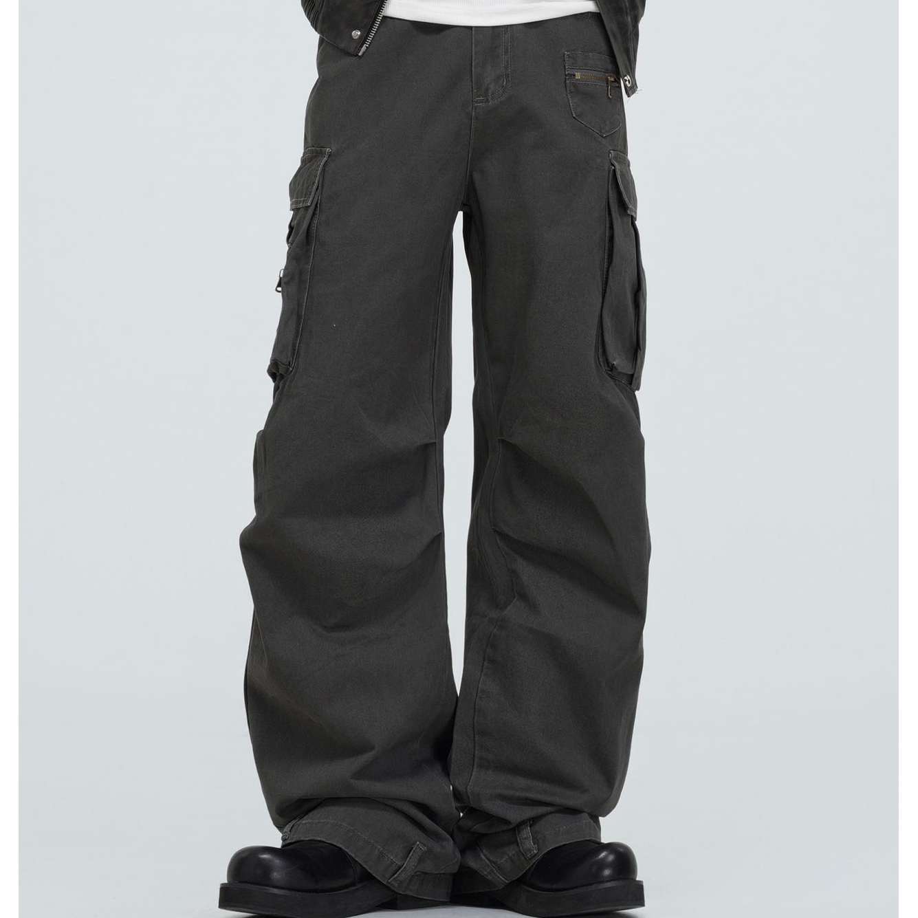 美式高街口袋拉链工装长裤宽松阔腿立体裁剪直筒宽松潮流男装裤