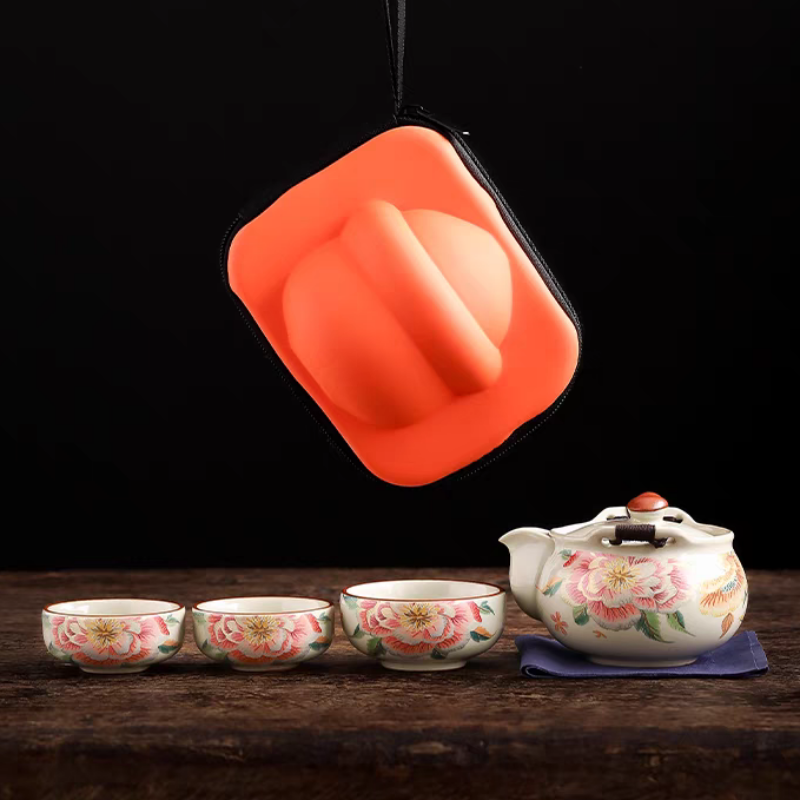 至茗堂缂丝【牡丹】当代汝窑宝瓶一壶3杯旅行套