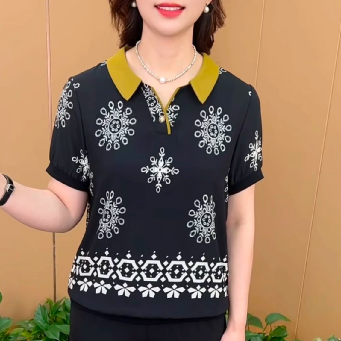 夏季新款时尚翻领印花气质妈妈装宽松显瘦休闲薄款短袖上衣