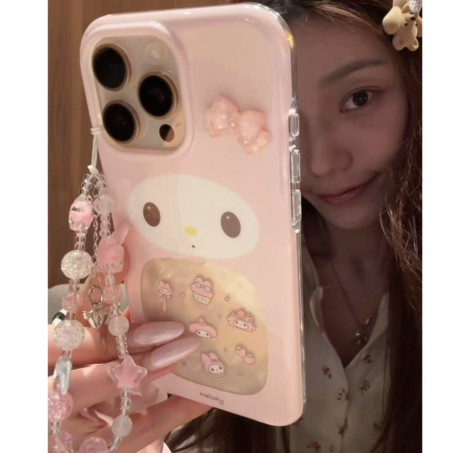 圆边镭射爱心立体蝴蝶结美乐蒂包相机键适用于苹果16/15/14promax